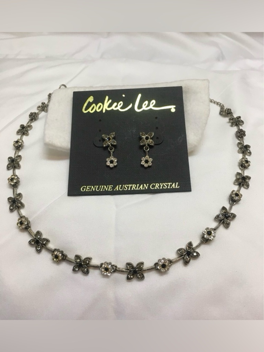Cookie Lee Silver-Tone Floral Austrian Crystal Necklace (15") & Drop Earrings